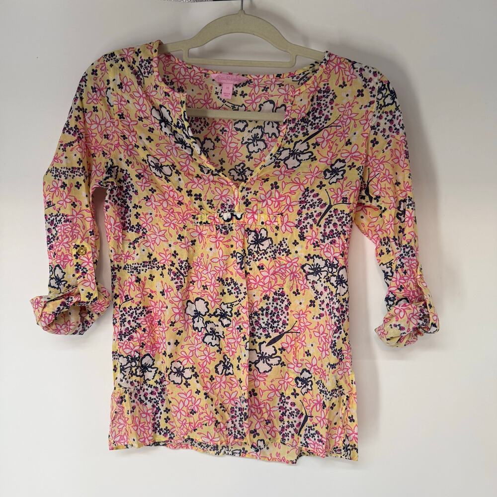 Lilly Pulitzer Floral Print Roll Tab Sleeve Blouse Women's Size XS Yellow Pink